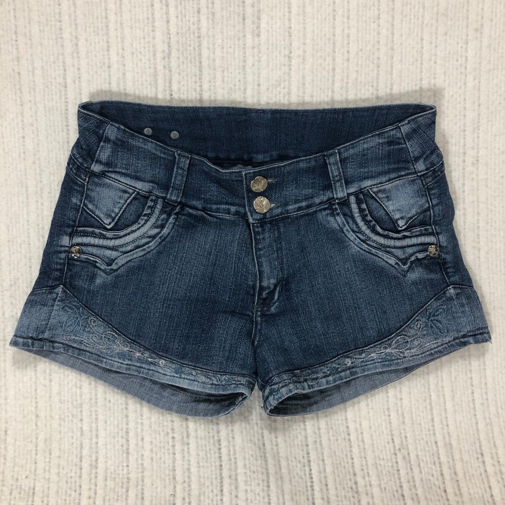 Sand‎ Limited Womens Dark Wash Embroidered Dolphin Hem Denim Shorts Size 14 Blue